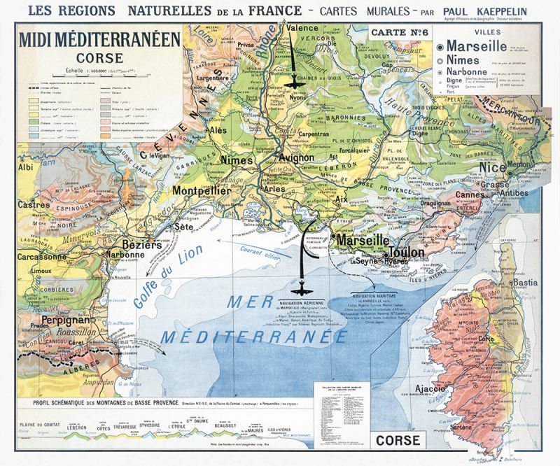 Carte Paul Kaeppelin 6 - MIDI MEDITERRANEEN CORSE - 120 x 100 cm (reproduction ancienne carte scolaire)