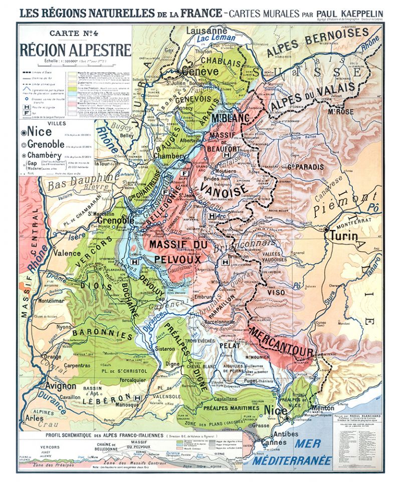 Carte Paul Kaeppelin 4 - REGION ALPESTRE - VILLES - 100 x 120 cm (reproduction ancienne carte scolaire)