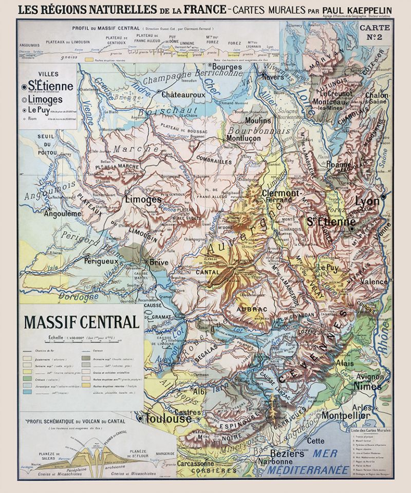 Carte Paul Kaeppelin 2 - MASSIF CENTRAL - VILLES - 100 x 120 cm (reproduction ancienne carte scolaire)