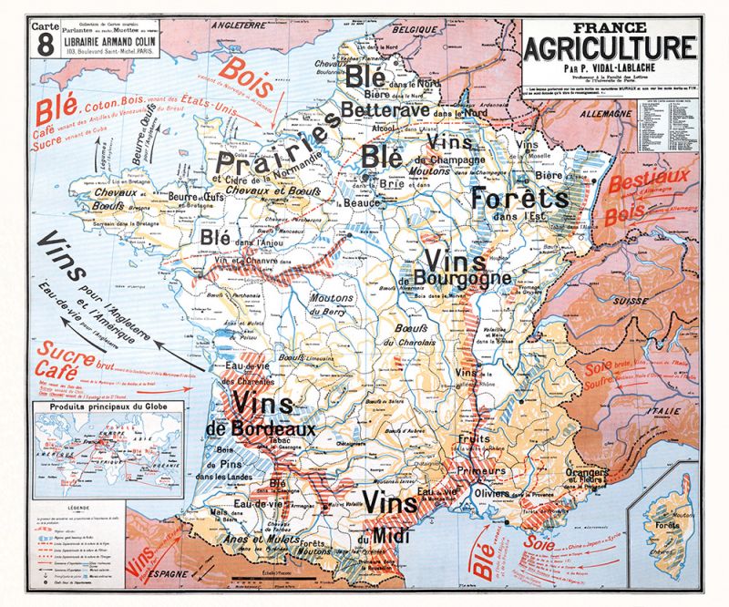 Carte Vidal Lablache 8 - FRANCE AGRICULTURE - 120 x 100 cm (reproduction ancienne carte scolaire)