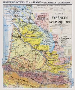 Carte Paul Kaeppelin 3 - PYRENEES BASSIN D'AQUITAINE - VILLES - 100 x 120 cm (reproduction ancienne carte scolaire)