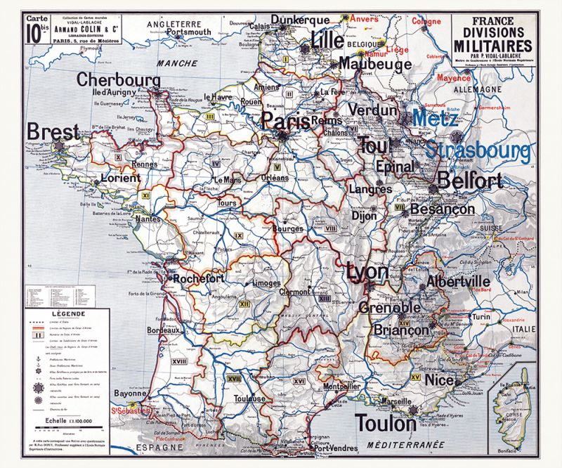Carte Vidal Lablache 10 BIS - FRANCE DIVISIONS MILITAIRES - 120 x 100 cm (reproduction ancienne carte scolaire) Carte Vidal Lablache 10 BIS - FRANCE DIVISIONS MILITAIRES - 120 x 100 cm (reproduction ancienne carte scolaire)