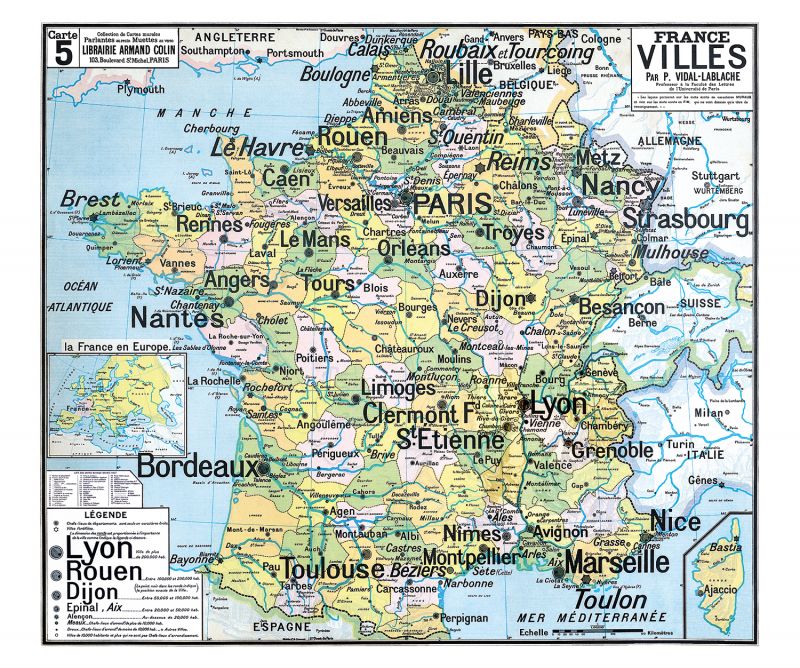Carte Vidal Lablache 5 - FRANCE VILLES - 120 x 100 cm (reproduction ancienne carte scolaire) Carte Vidal Lablache 5 - FRANCE VILLES - 120 x 100 cm (reproduction ancienne carte scolaire)