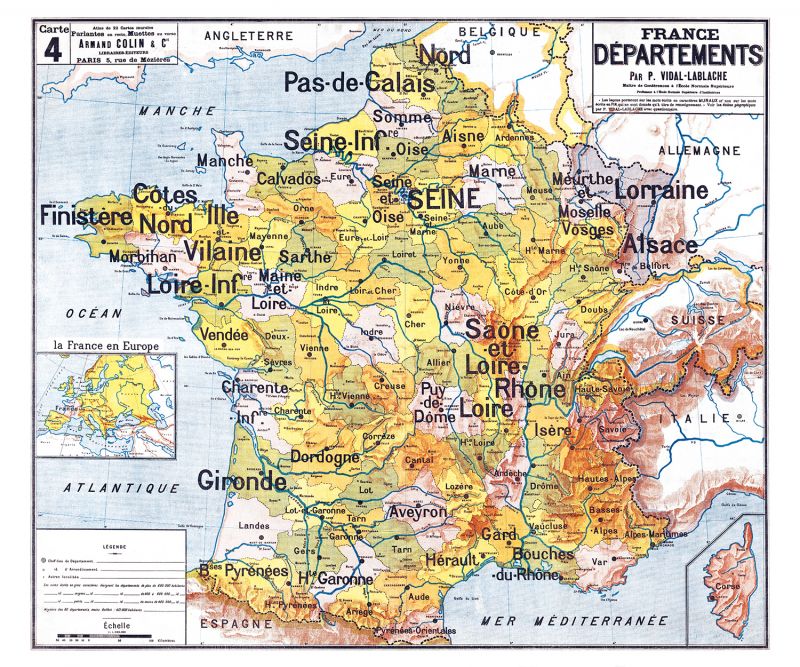 Carte Vidal Lablache 4 - FRANCE DEPARTEMENTS - 120 x 100 cm (reproduction ancienne carte scolaire) Carte Vidal Lablache 4 - FRANCE DEPARTEMENTS - 120 x 100 cm (reproduction ancienne carte scolaire)