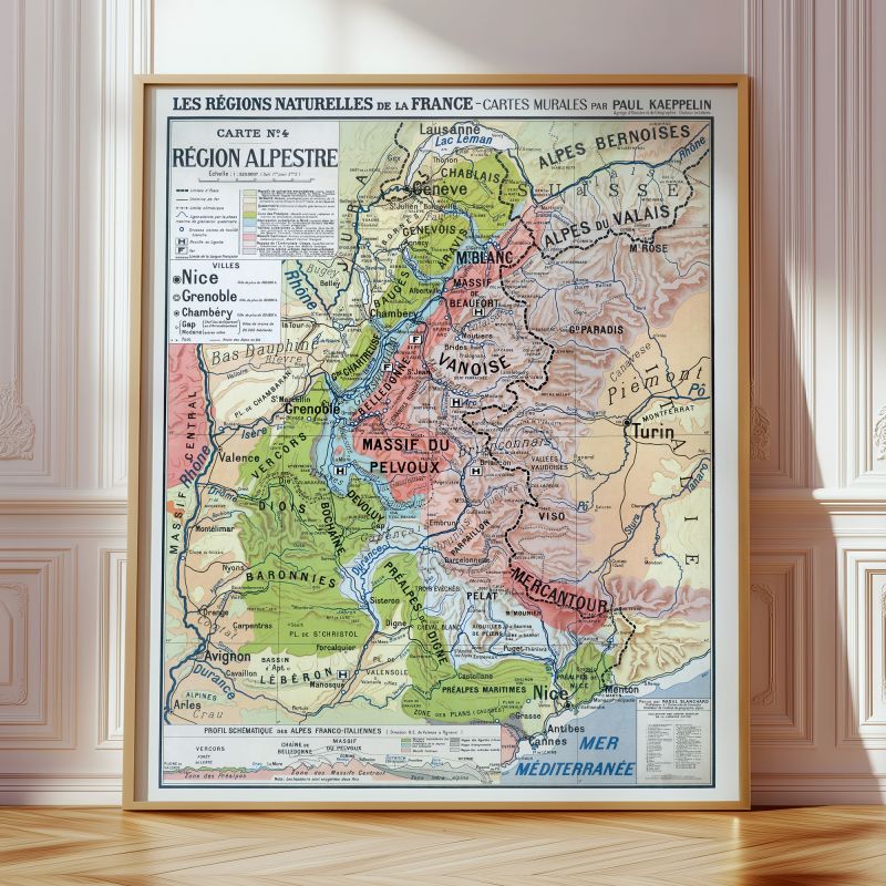 Carte Paul Kaeppelin 4 - REGION ALPESTRE - VILLES - 100 x 120 cm (reproduction ancienne carte scolaire)