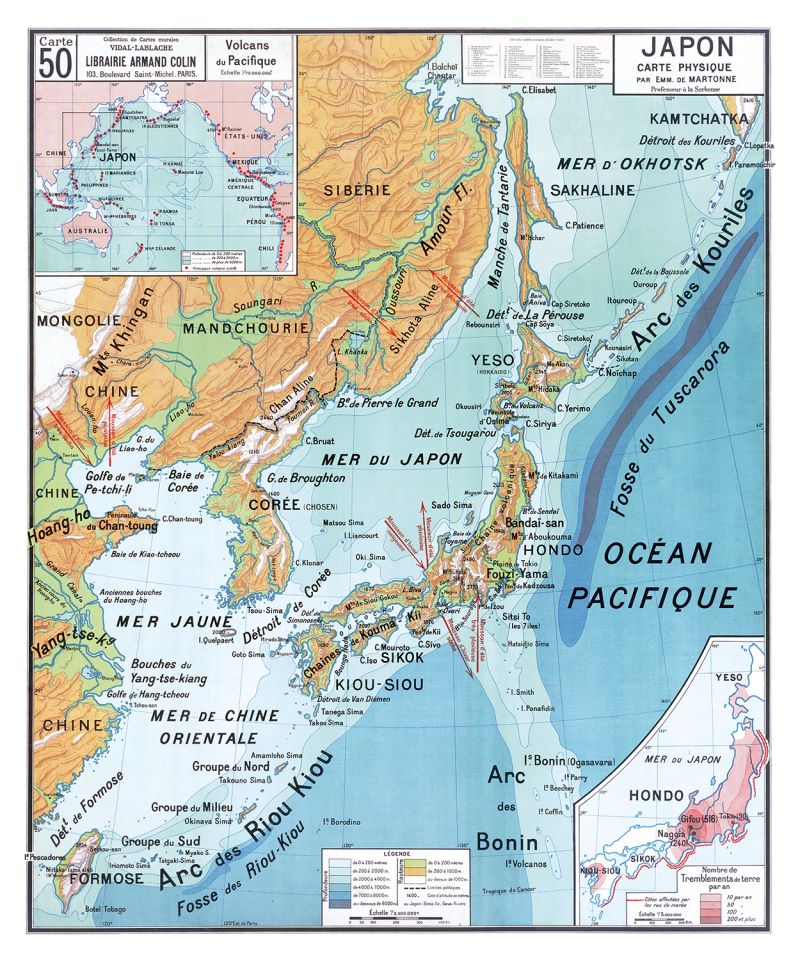 Carte Vidal Lablache 50 - JAPON PHYSIQUE - 100 x 120 cm (reproduction ancienne carte scolaire)