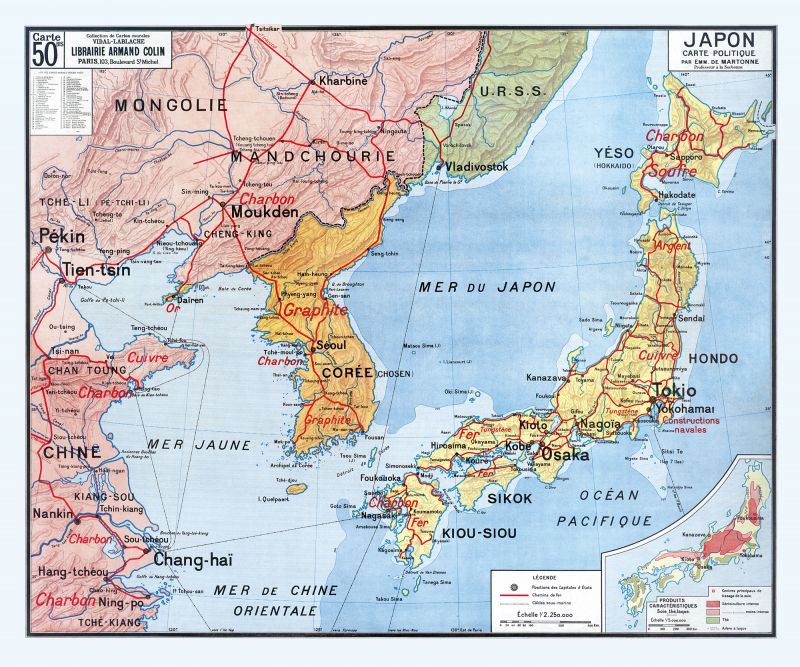 Carte Vidal Lablache 50 BIS - JAPON POLITIQUE - 120 x 100 cm (reproduction ancienne carte scolaire)