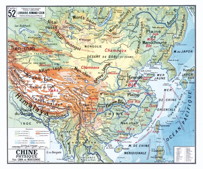 Carte Vidal Lablache 52 - CHINE PHYSIQUE - 120 x 100 cm (reproduction ancienne carte scolaire)