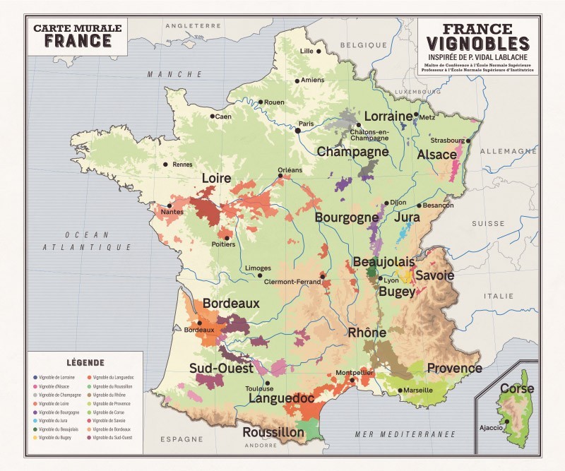 Carte d'inspiration Vidal Lablache - FRANCE VIGNOBLES (inspirée de P. Vidal-Lablache) Carte d'inspiration Vidal Lablache - FRANCE VIGNOBLES (inspirée de P. Vidal-Lablache)