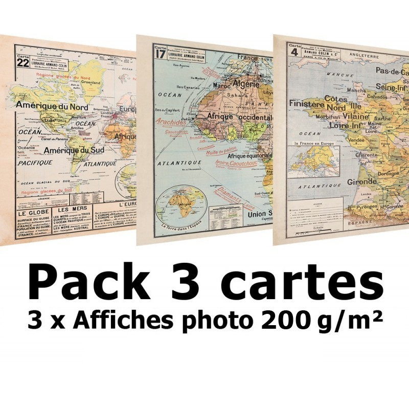PACK DE 3 CARTES SCOLAIRES VIDAL LABLACHE SUR AFFICHE PHOTO 200 G/M² AU CHOIX PACK DE 3 CARTES SCOLAIRES VIDAL LABLACHE SUR AFFICHE PHOTO 200 G/M² AU CHOIX