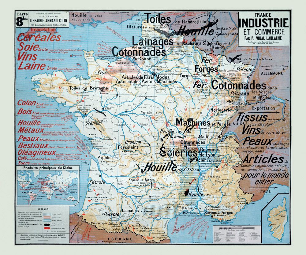 Carte Vidal Lablache 8 BIS - FRANCE INDUSTRIE ET COMMERCE - 120 x 100 cm (reproduction ancienne carte scolaire)