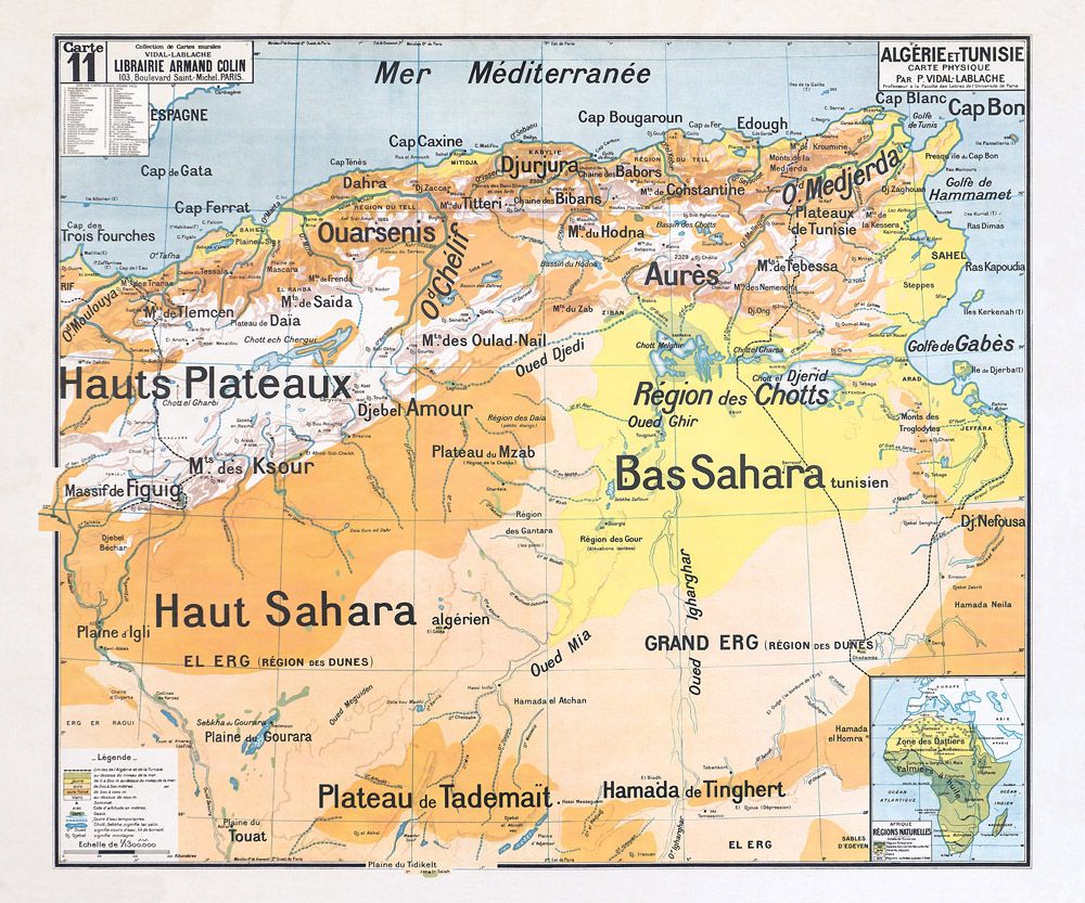 Carte Vidal Lablache 11 - ALGERIE ET TUNISIE PHYSIQUE - 120 x 100 cm (reproduction ancienne carte scolaire)