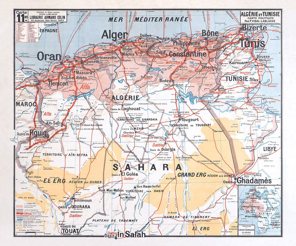 Carte Vidal Lablache 11 BIS - ALGERIE ET TUNISIE POLITIQUE - 120 x 100 cm (reproduction ancienne carte scolaire)