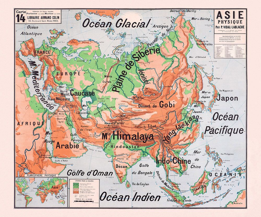 Carte Vidal Lablache 14 - ASIE PHYSIQUE - 120 x 100 cm (reproduction ancienne carte scolaire)