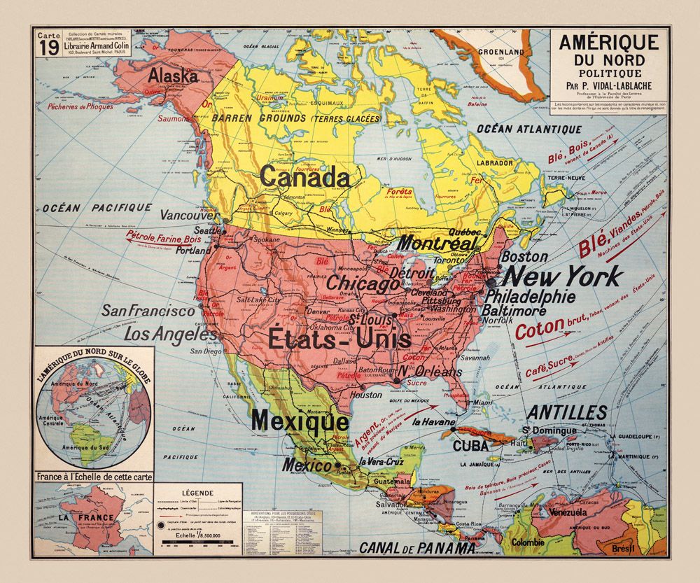 Carte Vidal Lablache 19 - AMERIQUE DU NORD - POLITIQUE - 120 x 100 cm (reproduction ancienne carte scolaire) Carte Vidal Lablache 19 - AMERIQUE DU NORD - POLITIQUE - 120 x 100 cm (reproduction ancienne carte scolaire)