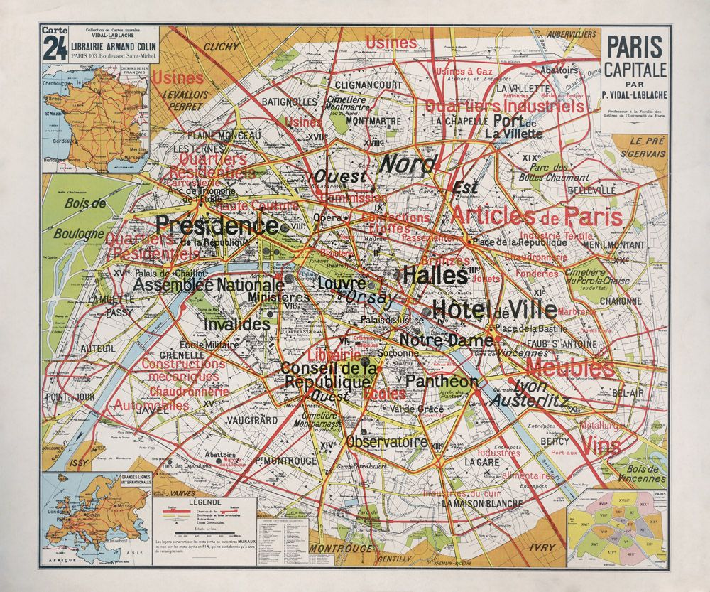 Carte Vidal Lablache 24 - PARIS CAPITALE - 120 x 100 cm (reproduction ancienne carte scolaire)
