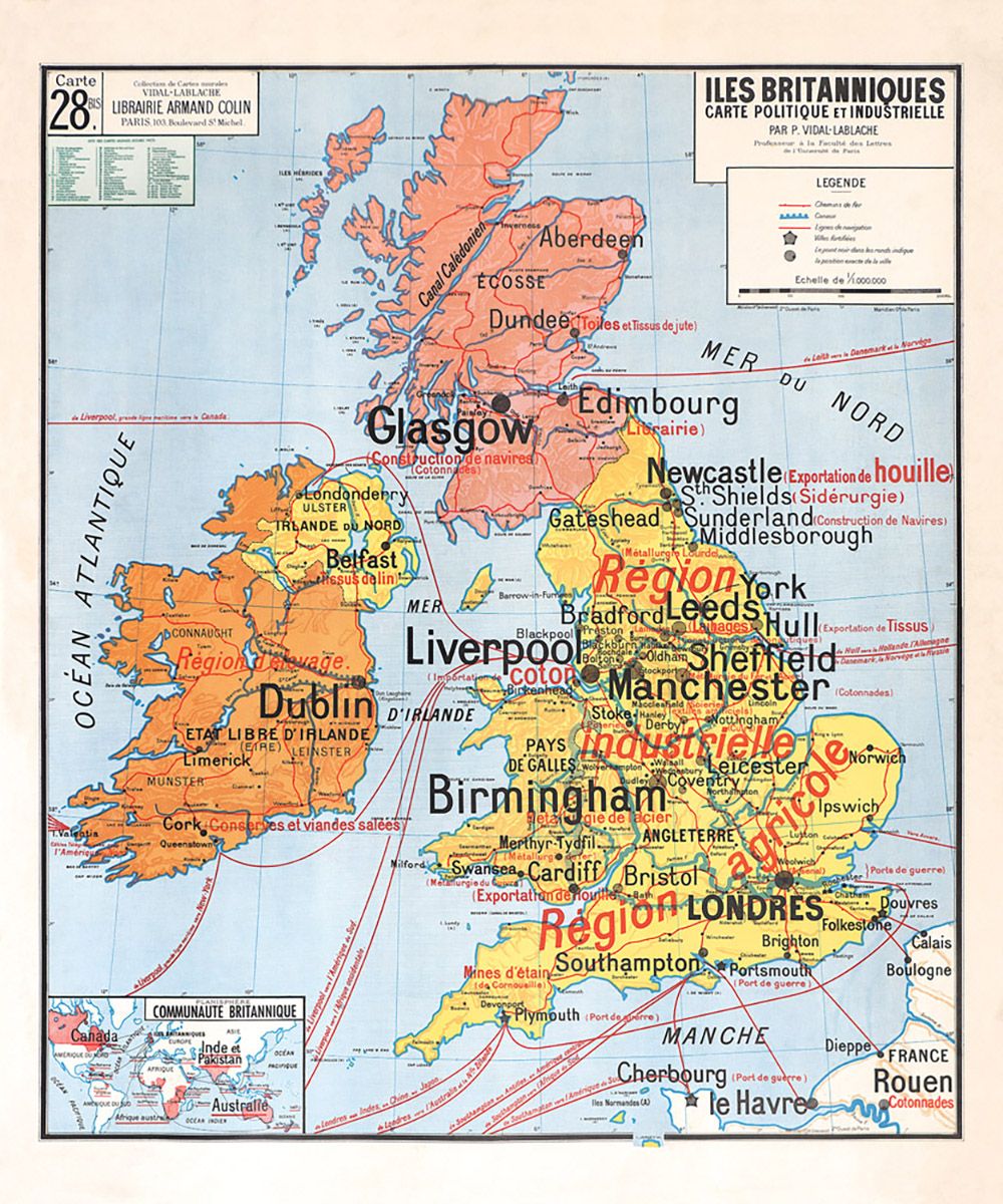 Carte Vidal Lablache 28 BIS - ILES BRITANIQUES - POLITIQUE ET INDUSTRIELLE - 100 x 120 cm (reproduction ancienne carte scolaire)