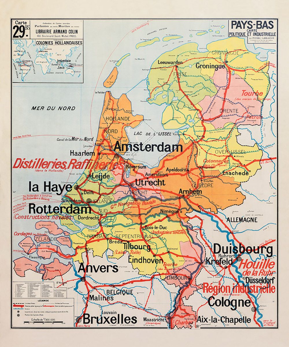 Carte Vidal Lablache 29 BIS - PAYS-BAS - POLITIQUE ET INDUSTRIELLE - 100 x 120 cm (reproduction ancienne carte scolaire)