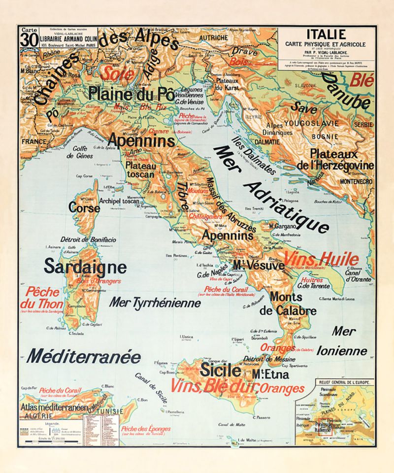 Carte Vidal Lablache 30 - ITALIE - PHYSIQUE ET AGRICOLE - 100 x 120 cm (reproduction ancienne carte scolaire)