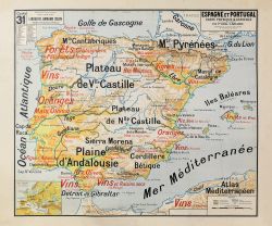 Carte Vidal Lablache 31 - ESPAGNE ET PORTUGAL - PHYSIQUE ET AGRICOLE - 120 x 100 cm (reproduction ancienne carte scolaire)