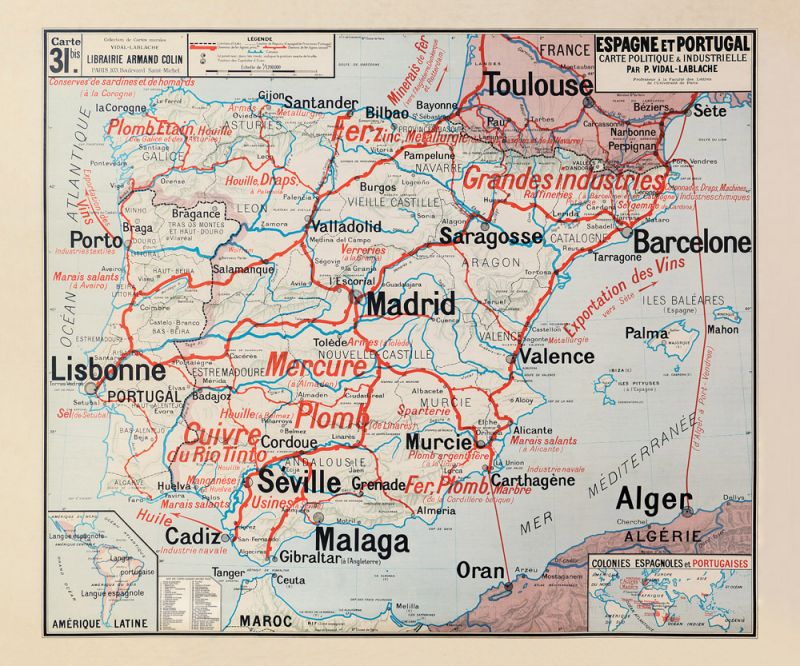 Carte Vidal Lablache 31 BIS - ESPAGNE ET PORTUGAL - POLITIQUE ET INDUSTRIELLE - 120 x 100 cm (reproduction ancienne carte scolai