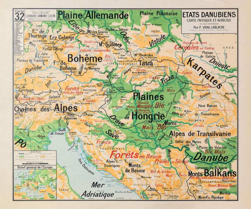 Carte Vidal Lablache 32 - ETATS DANUBIENS - PHYSIQUE ET AGRICOLE - 120 x 100 cm (reproduction ancienne carte scolaire) Carte Vidal Lablache 32 - ETATS DANUBIENS - PHYSIQUE ET AGRICOLE - 120 x 100 cm (reproduction ancienne carte scolaire)