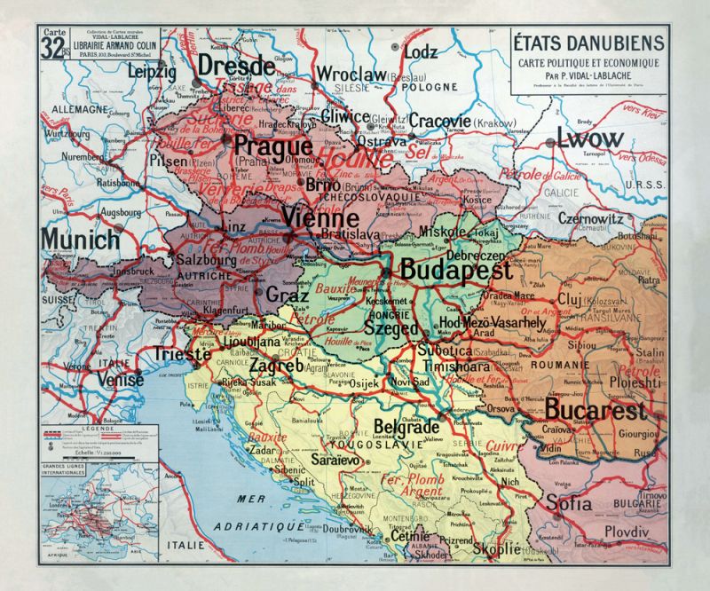 Carte Vidal Lablache 32 BIS  - ETATS DANUBIENS - POLITIQUE ET ECONOMIQUE - 120 x 100 cm (reproduction ancienne carte scolaire)