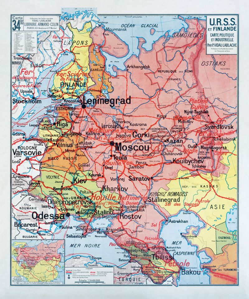 Carte Vidal Lablache 34 BIS - URSS ET FINLANDE - POLITIQUE ET INDUSTRIELLE - 100 x 120 cm (reproduction ancienne carte scolaire)