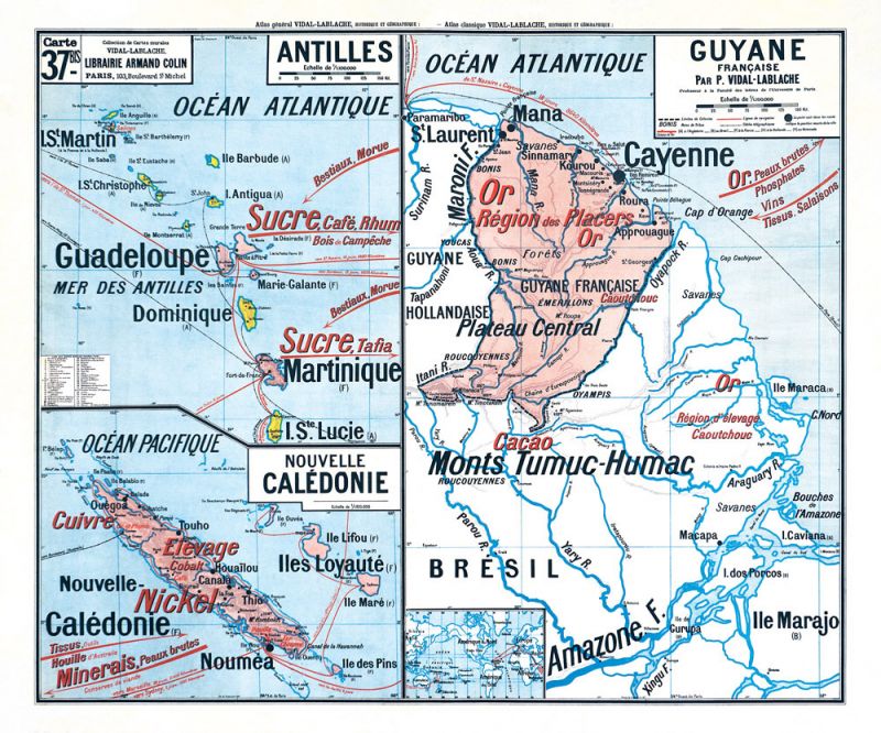 Carte Vidal Lablache 37 BIS - ANTILLES GUYANE NOUVELLE-CALEDONIE - 120 x 100 cm (reproduction ancienne carte scolaire)