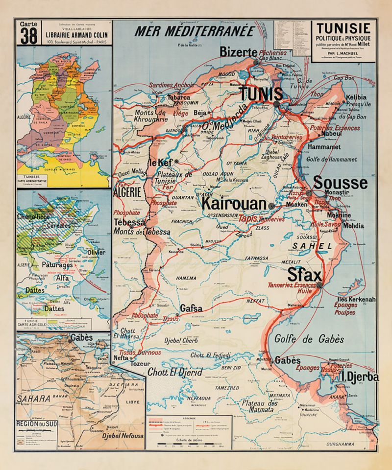 Carte Vidal Lablache 38 - TUNISIE - POLITIQUE ET PHYSIQUE  - 100 x 120 cm (reproduction ancienne carte scolaire)