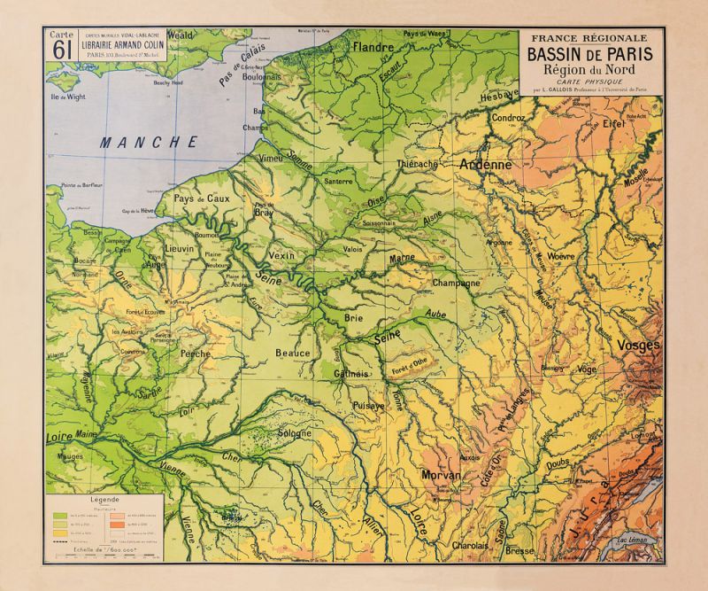 Carte Vidal Lablache 61 - BASSIN DE PARIS - PHYSIQUE - 120 x 100 cm (reproduction ancienne carte scolaire)