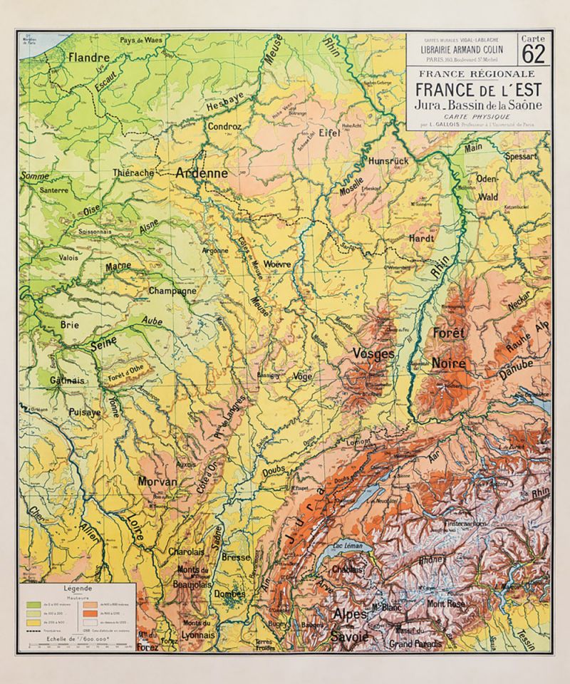Carte Vidal Lablache 62 - FRANCE DE L'EST - PHYSIQUE - 100 x 120 cm (reproduction ancienne carte scolaire)