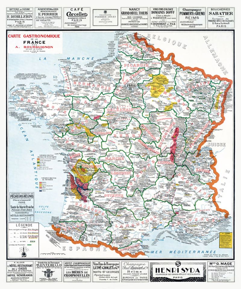 Carte GASTRONOMIQUE de la FRANCE - 100 x 120 cm (reproduction ancienne carte scolaire)