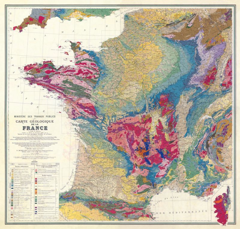 Carte GEOLOGIQUE de la FRANCE - 105 x 100 cm (reproduction ancienne carte scolaire)