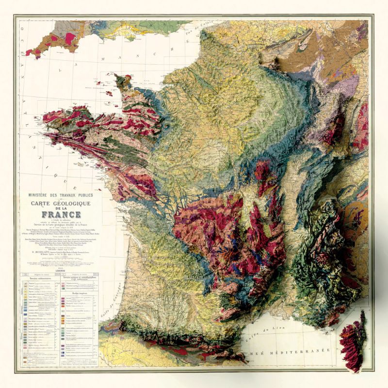 Carte Géologique de la France 3D - (effet 3D) Dimensions 120 x 120 cm  Support d'impression poster 140 g/m² satiné (le moins cher)