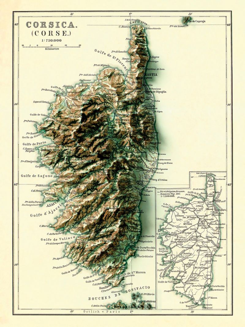 Carte de la CORSE - Effet 3D - 90 x 120 cm (reproduction ancienne carte scolaire) Carte de la CORSE - Effet 3D - 90 x 120 cm (reproduction ancienne carte scolaire)