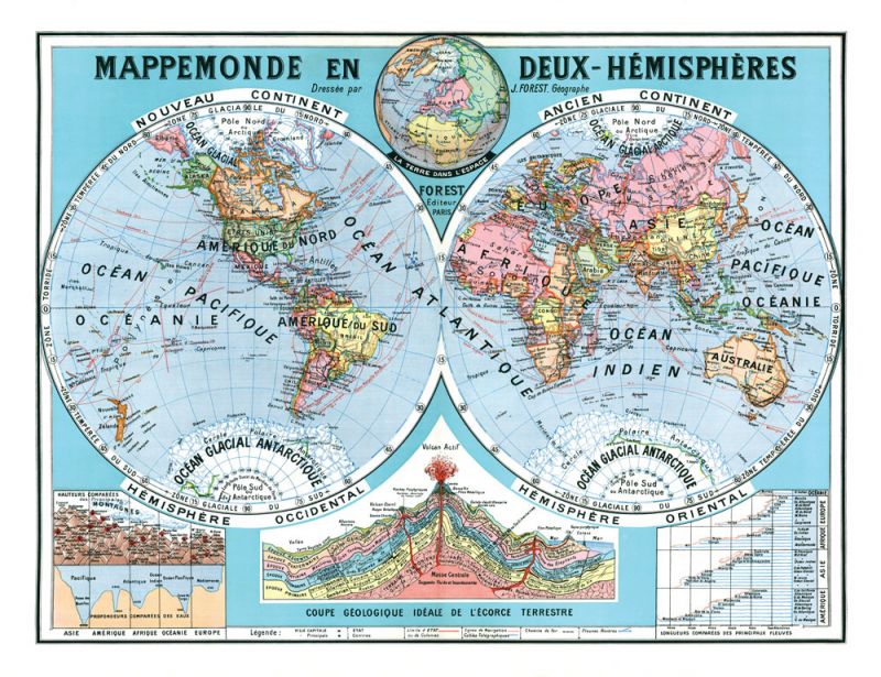 MAPPEMONDE EN DEUX HEMISPHERES par Joseph FOREST - 130 x 100 cm (reproduction ancienne carte scolaire) MAPPEMONDE EN DEUX HEMISPHERES par Joseph FOREST - 130 x 100 cm (reproduction ancienne carte scolaire)