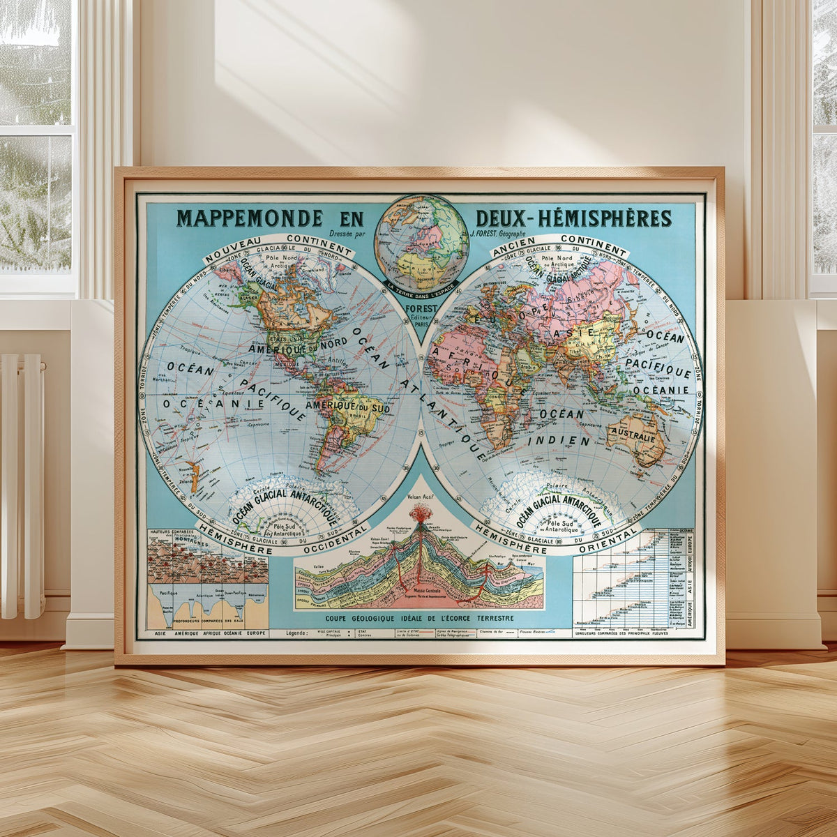 MAPPEMONDE EN DEUX HEMISPHERES par Joseph FOREST  - 130 x 100 cm (reproduction ancienne carte scolaire)