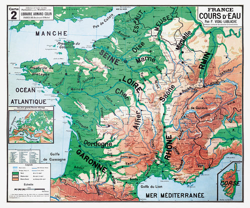 Carte Vidal Lablache 2 - FRANCE COURS D'EAU - 120 x 100 cm (reproduction ancienne carte scolaire)