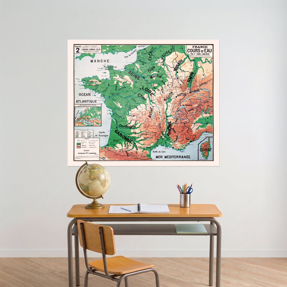 Carte Vidal Lablache 2 - FRANCE COURS D'EAU - 120 x 100 cm (reproduction ancienne carte scolaire)
