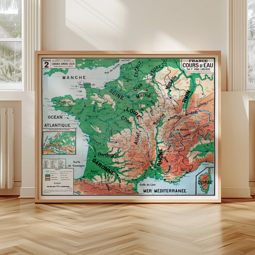 Carte Vidal Lablache 2 - FRANCE COURS D'EAU - 120 x 100 cm (reproduction ancienne carte scolaire)