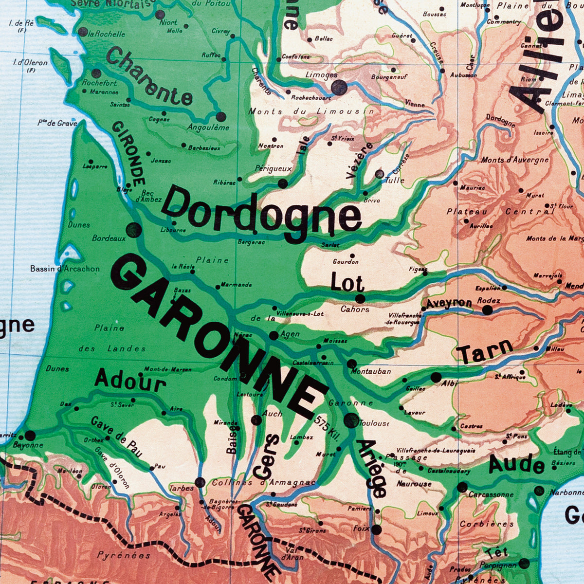 Carte Vidal Lablache 2 - FRANCE COURS D'EAU - 120 x 100 cm (reproduction ancienne carte scolaire)