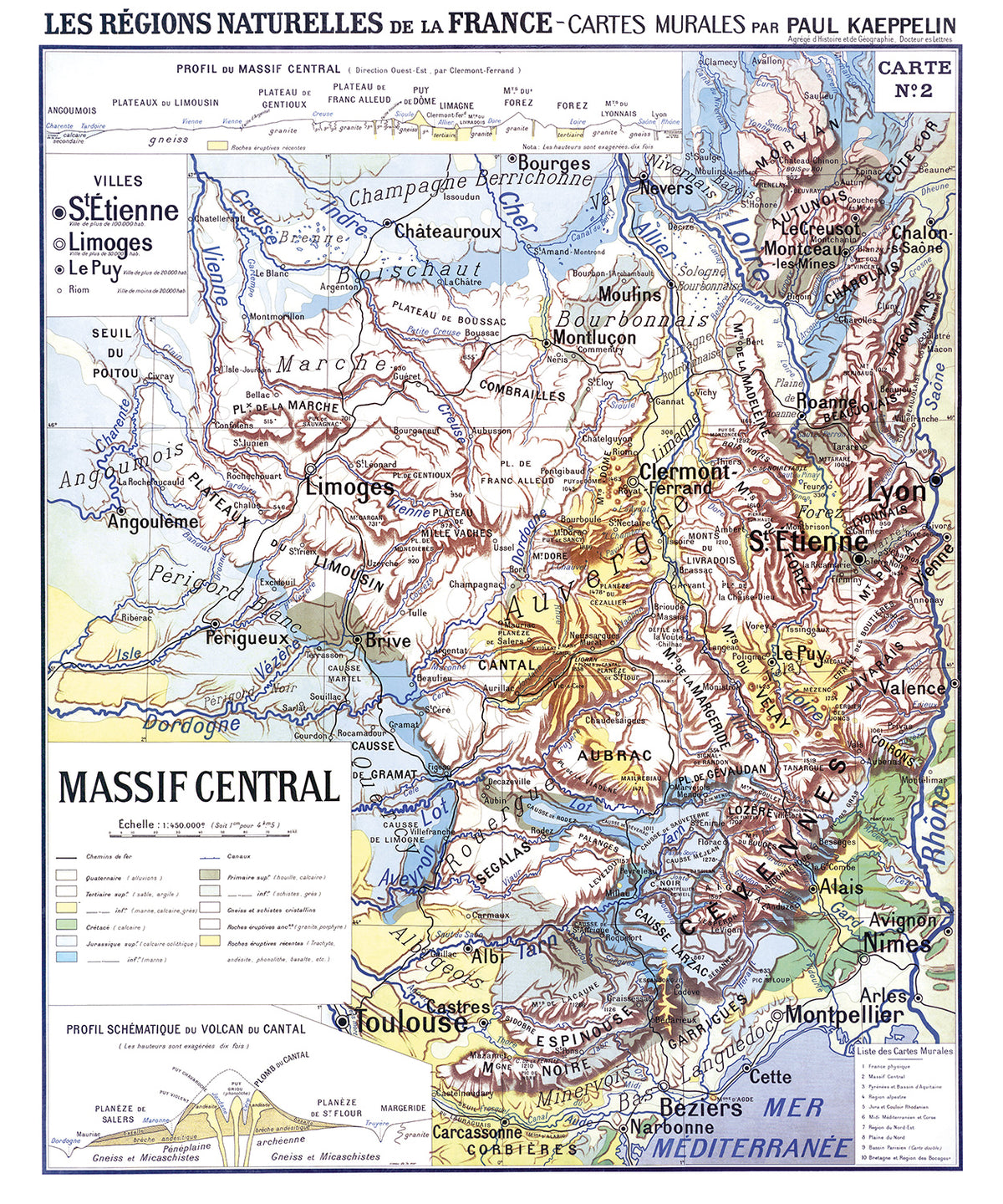 Carte Paul Kaeppelin 2 - MASSIF CENTRAL - VILLES - 100 x 120 cm (reproduction ancienne carte scolaire)