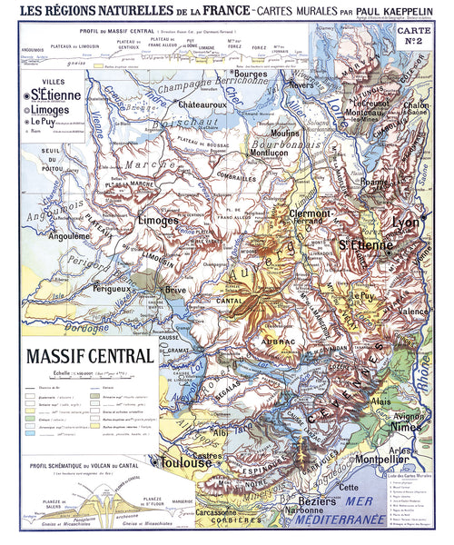 Carte Paul Kaeppelin 2 - MASSIF CENTRAL - VILLES - 100 x 120 cm (reproduction ancienne carte scolaire)