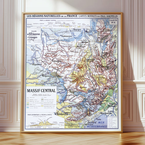 Carte Paul Kaeppelin 2 - MASSIF CENTRAL - VILLES - 100 x 120 cm (reproduction ancienne carte scolaire)