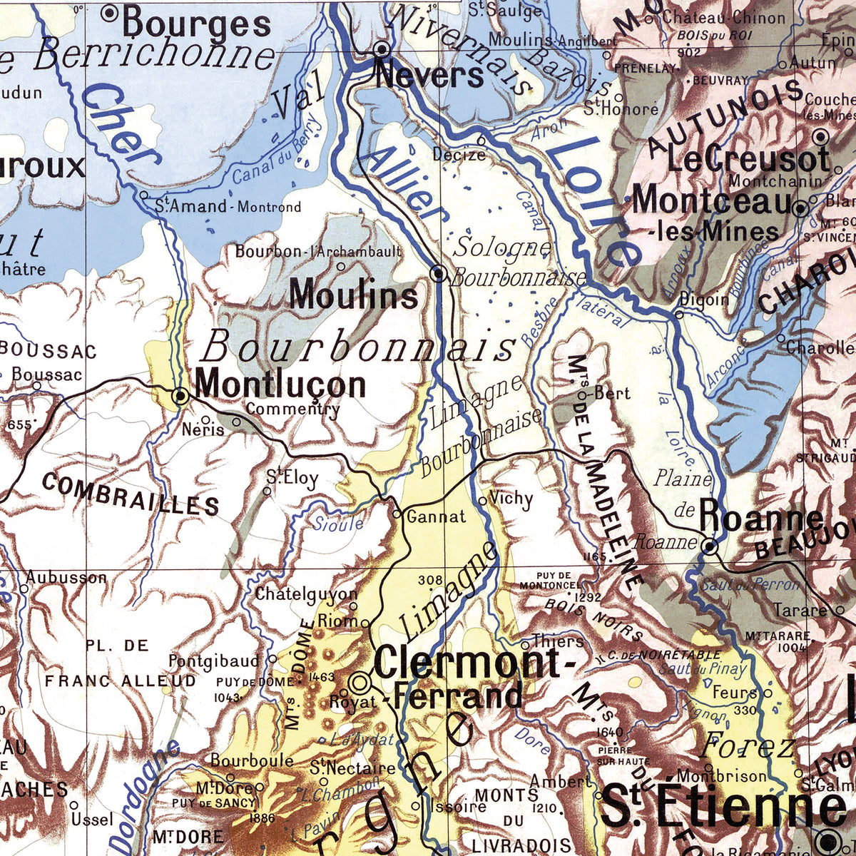Carte Paul Kaeppelin 2 - MASSIF CENTRAL - VILLES - 100 x 120 cm (reproduction ancienne carte scolaire)