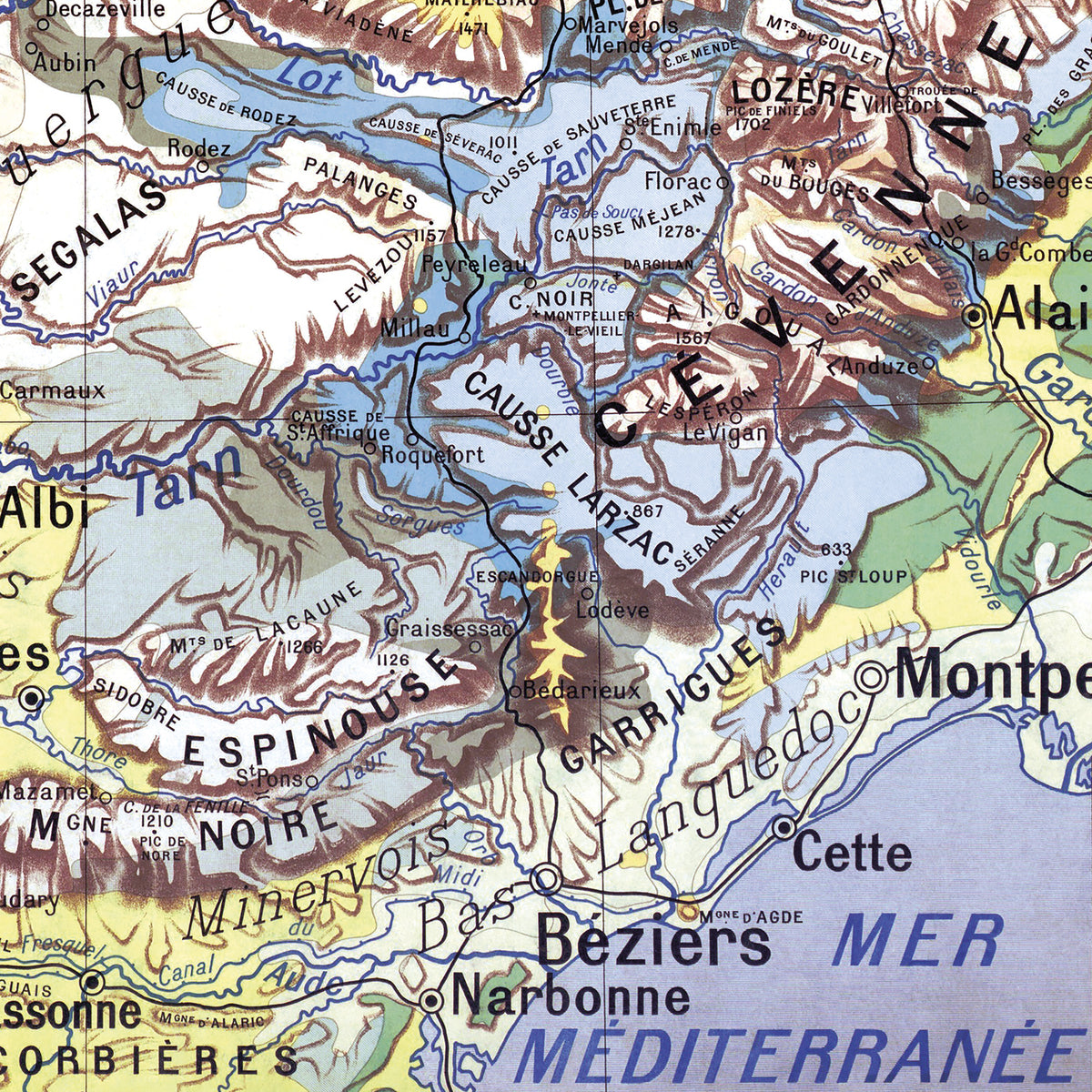 Carte Paul Kaeppelin 2 - MASSIF CENTRAL - VILLES - 100 x 120 cm (reproduction ancienne carte scolaire)