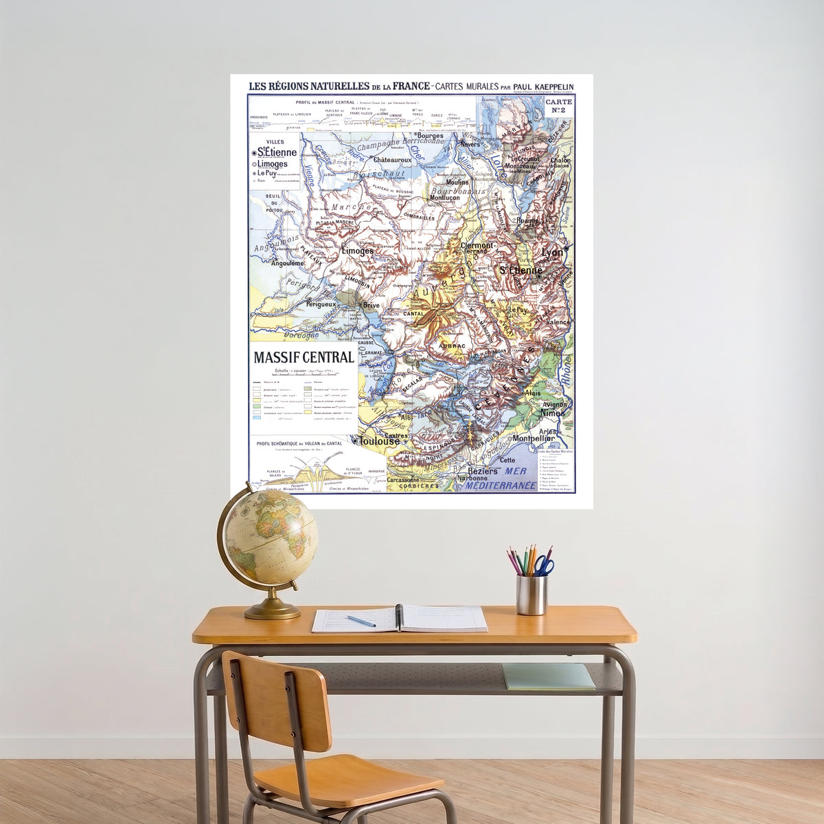 Carte Paul Kaeppelin 2 - MASSIF CENTRAL - VILLES - 100 x 120 cm (reproduction ancienne carte scolaire)