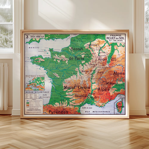 Carte Vidal Lablache 3 - FRANCE RELIEF DU SOL - 120 x 100 cm (reproduction ancienne carte scolaire)