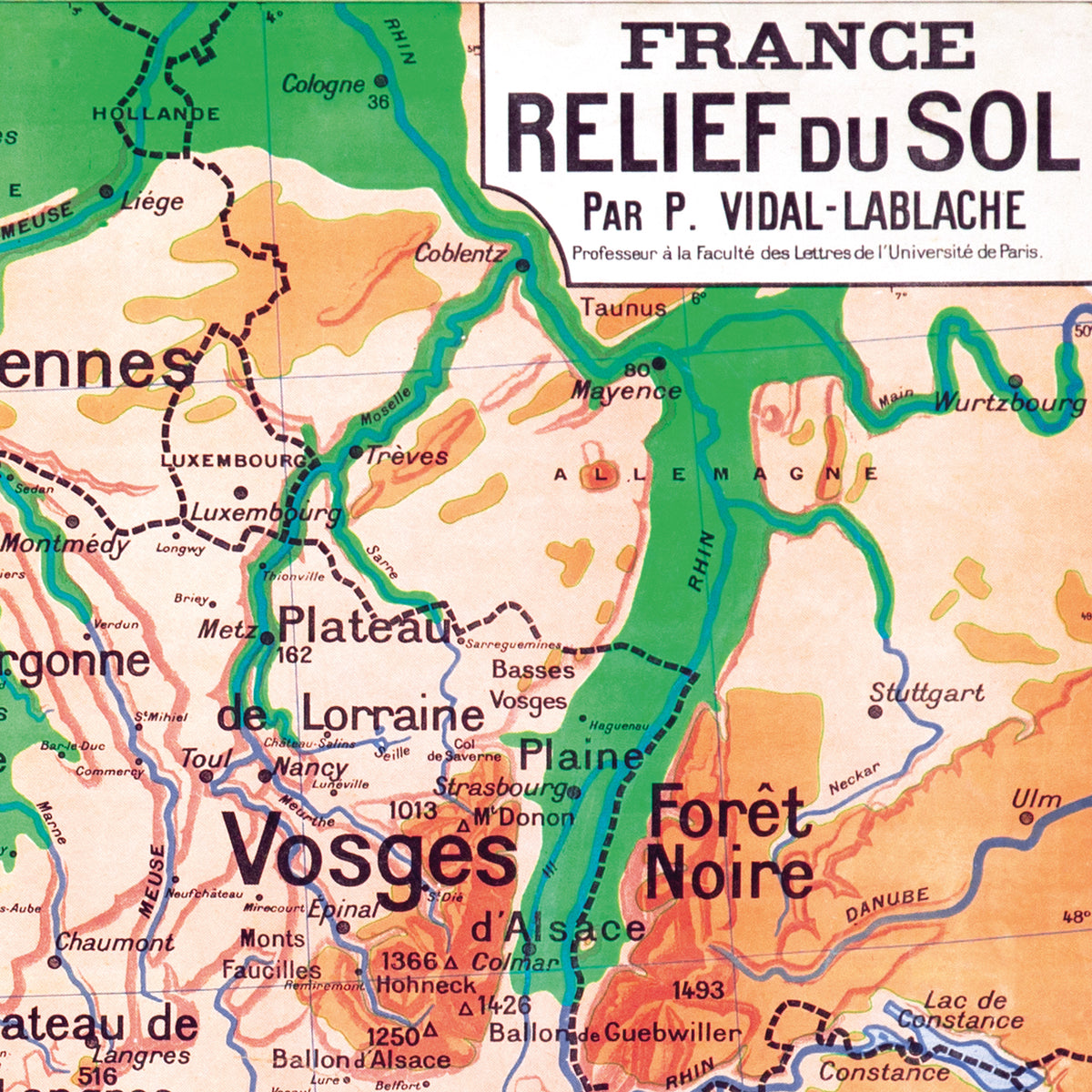 Carte Vidal Lablache 3 - FRANCE RELIEF DU SOL - 120 x 100 cm (reproduction ancienne carte scolaire)